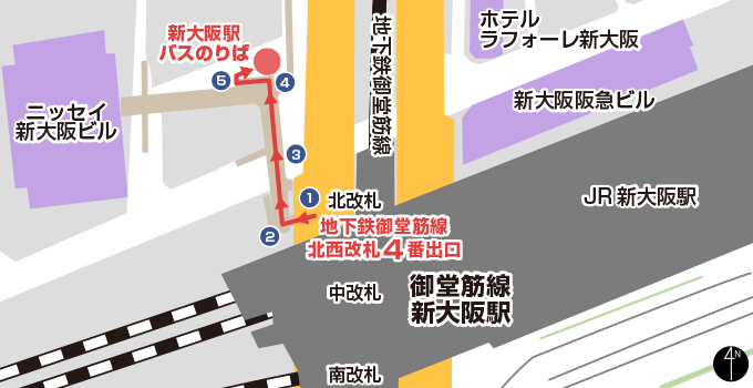 新大阪駅 バスのりば - 御堂筋線 新大阪駅 4番出口ルート -の地図