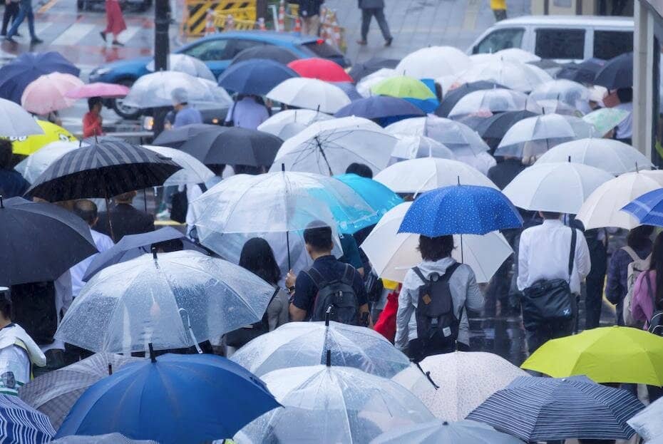 雨の中、多くの通行人