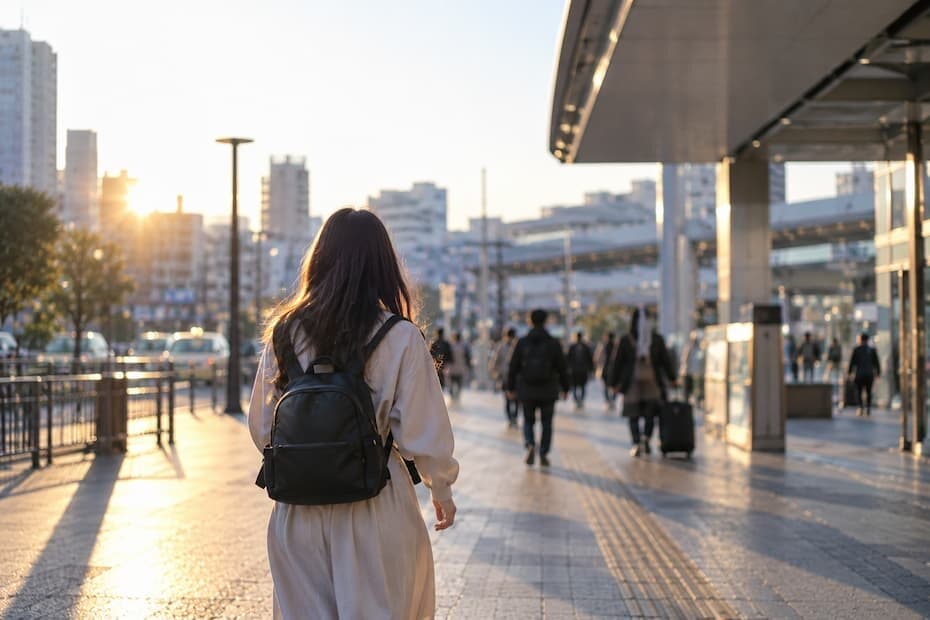 夜行バスで早朝に到着して歩き出す旅行者のイメージ