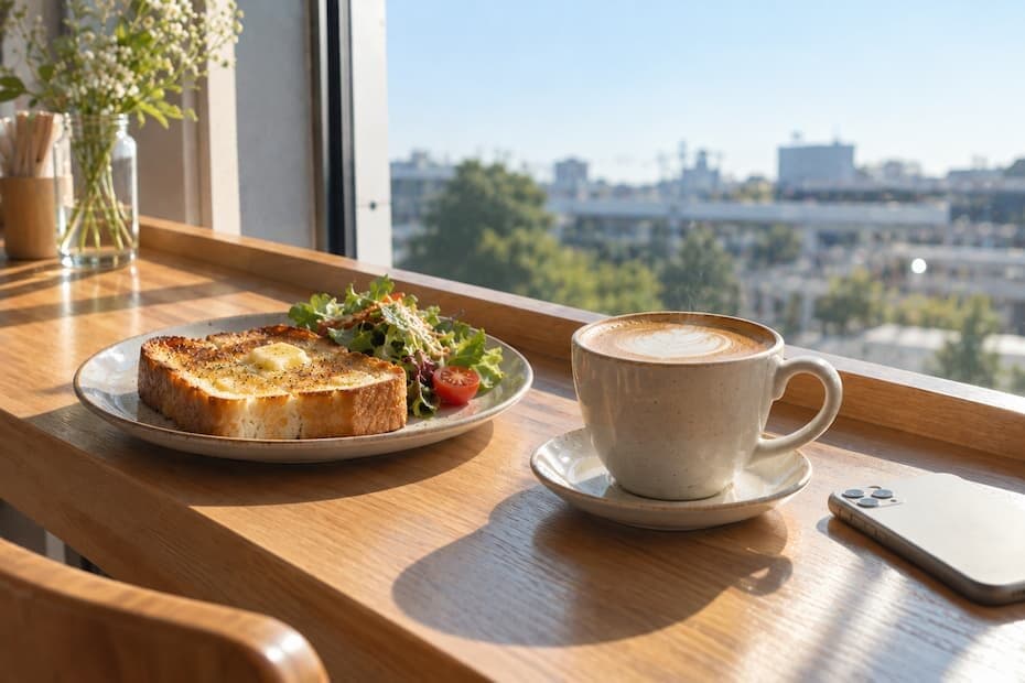 カフェの窓際の席に置かれたトーストとカフェラテ