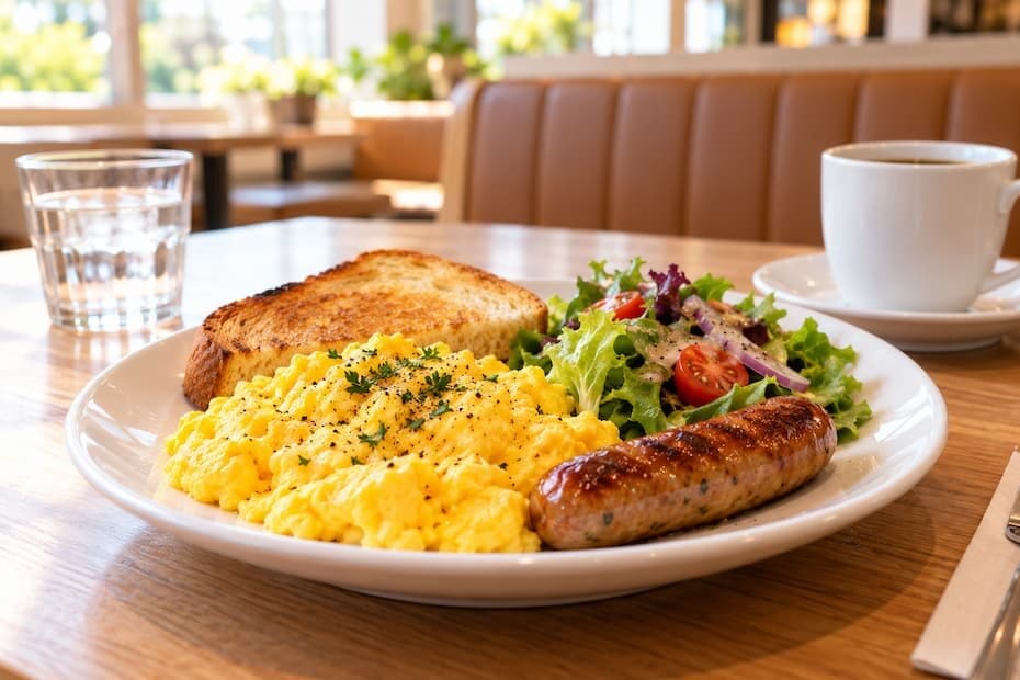 ファミリーレストランのテーブルに置かれた、スクランブルエッグとトーストの朝食プレート