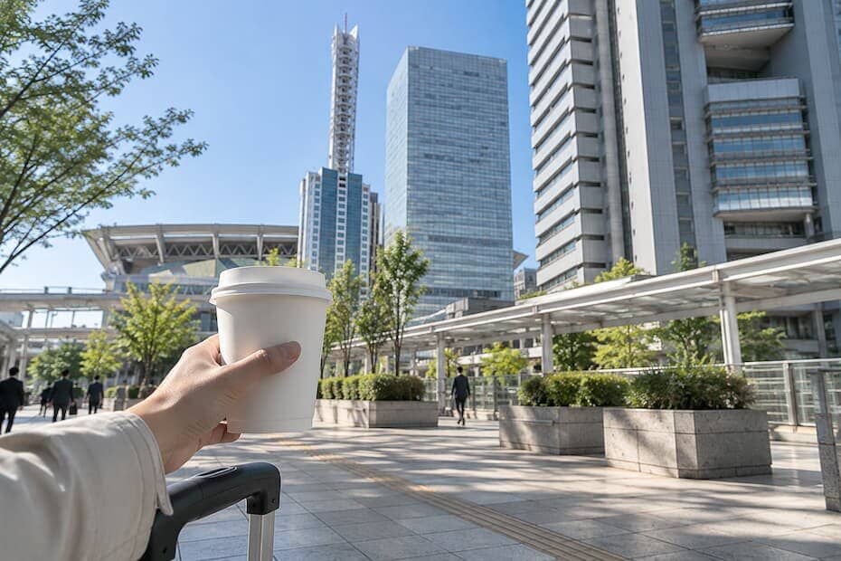 テイクアウトのコーヒーを手に、さいたま新都心の駅前デッキを歩く旅行者