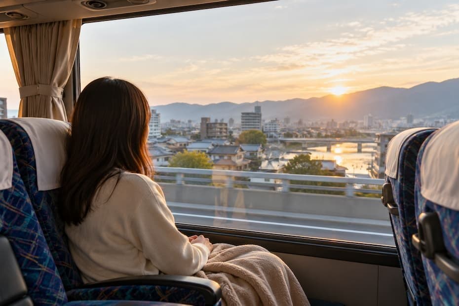 夜行バスで目覚めて朝の街を眺める乗客