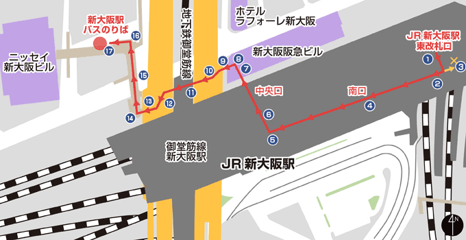 【LimonBus】新大阪駅 バスのりば - JR 新大阪駅在来線 東改札口ルート -の地図