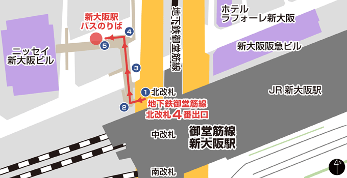 【LimonBus】新大阪駅 バスのりば - 御堂筋線 新大阪駅 4番出口ルート -の地図