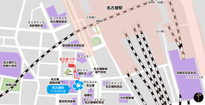 名古屋バスのりば から 名古屋VIPラウンジの地図