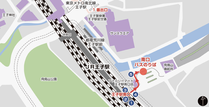 王子駅南口 バスのりば（南口ロータリー内） - JR 王子駅ルート -の地図