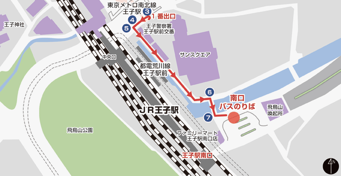 王子駅南口 バスのりば（南口ロータリー内） - 東京メトロ南北線 王子駅ルート -の地図