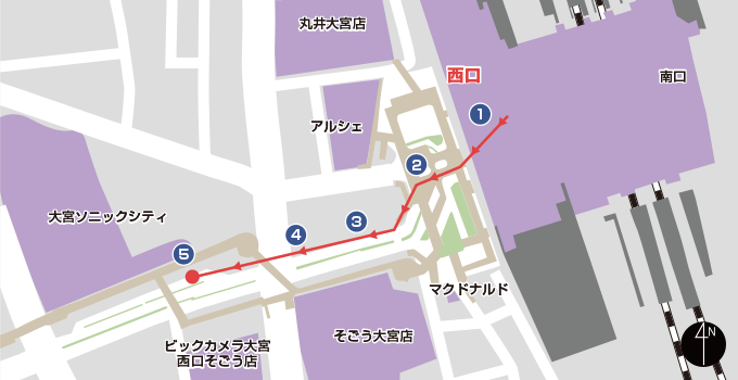大宮站西口VIP Liner上客點(聲速城大樓前)的地圖