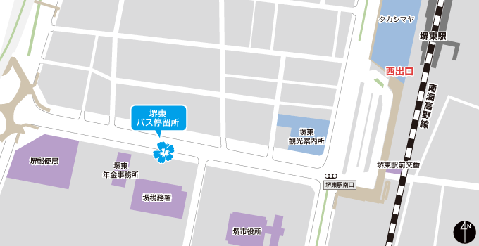 堺東夜間巴士上客點(堺稅務署前)下車地周圍的地圖