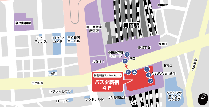 Map of Shinjuku Expressway Bus Terminal 4F (Shinjuku Station south exit)