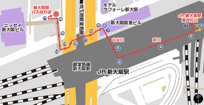 新大阪駅 バスのりば - JR 新大阪駅在来線 東改札口ルート -の地図