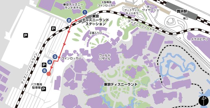 Map of Tokyo Disneyland Bus Terminal West - Tokyo Disneyland Station route -