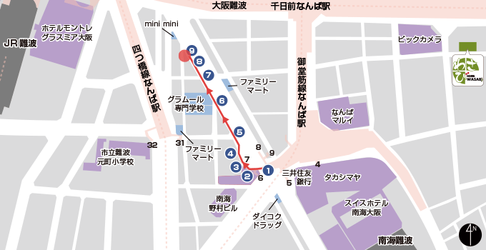難波(VIP villa 難波)-御堂筋線難波站7號出入口途徑-的地圖