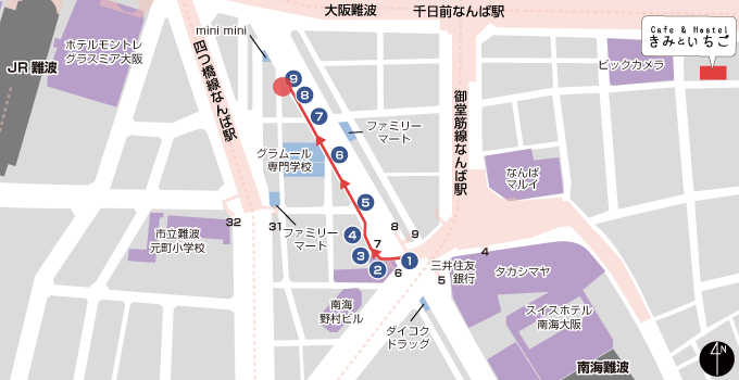 難波(VIP villa 難波)-御堂筋線難波站7號出入口途徑-的地圖
