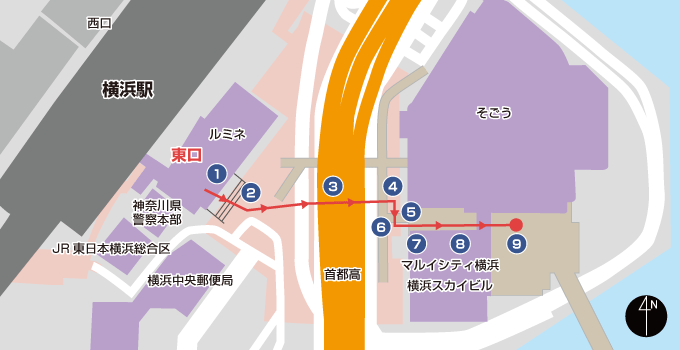 横浜駅東口 スカイビル2階外ペデストリアンデッキの地図